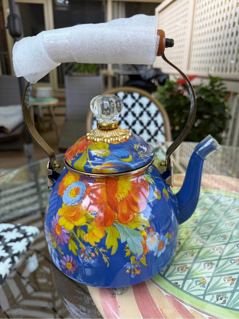 MacKenzie-Childs Blue Floral Enamel Teakettle with Gold Accents nib